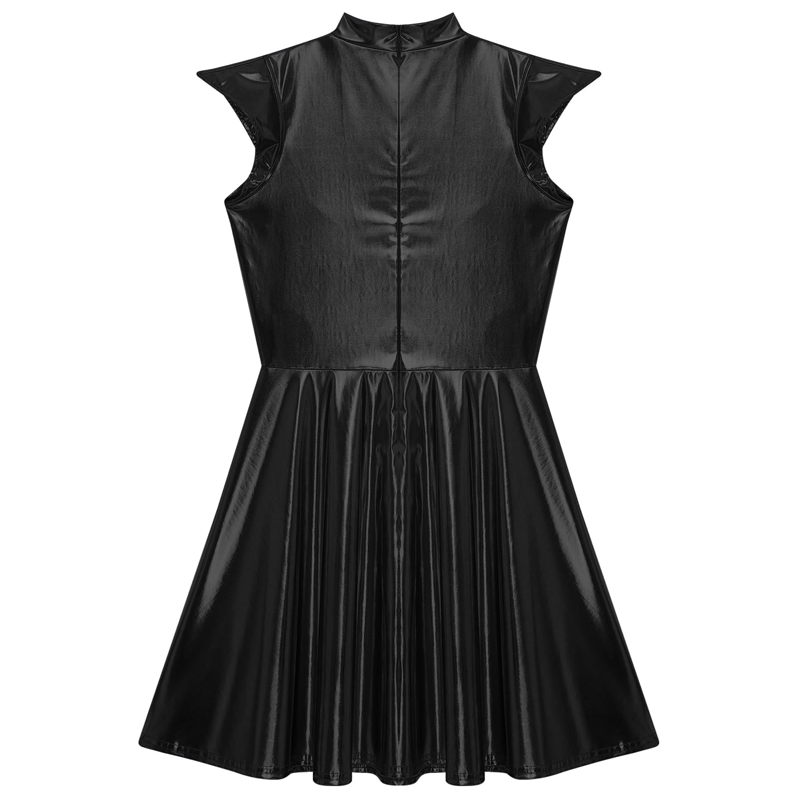 iiniim Women Shiny Metallic Holographic High Waisted Flare Skater Dress Carnival Party Black XXL