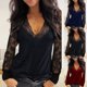 thumbnail image 1 of Farfi Mujeres atractivas con cuello en V Cuello con cordones Vea a través de la camiseta de manga larga Blusa Top Blue azul marino Farfi Blusa, 1 of 2