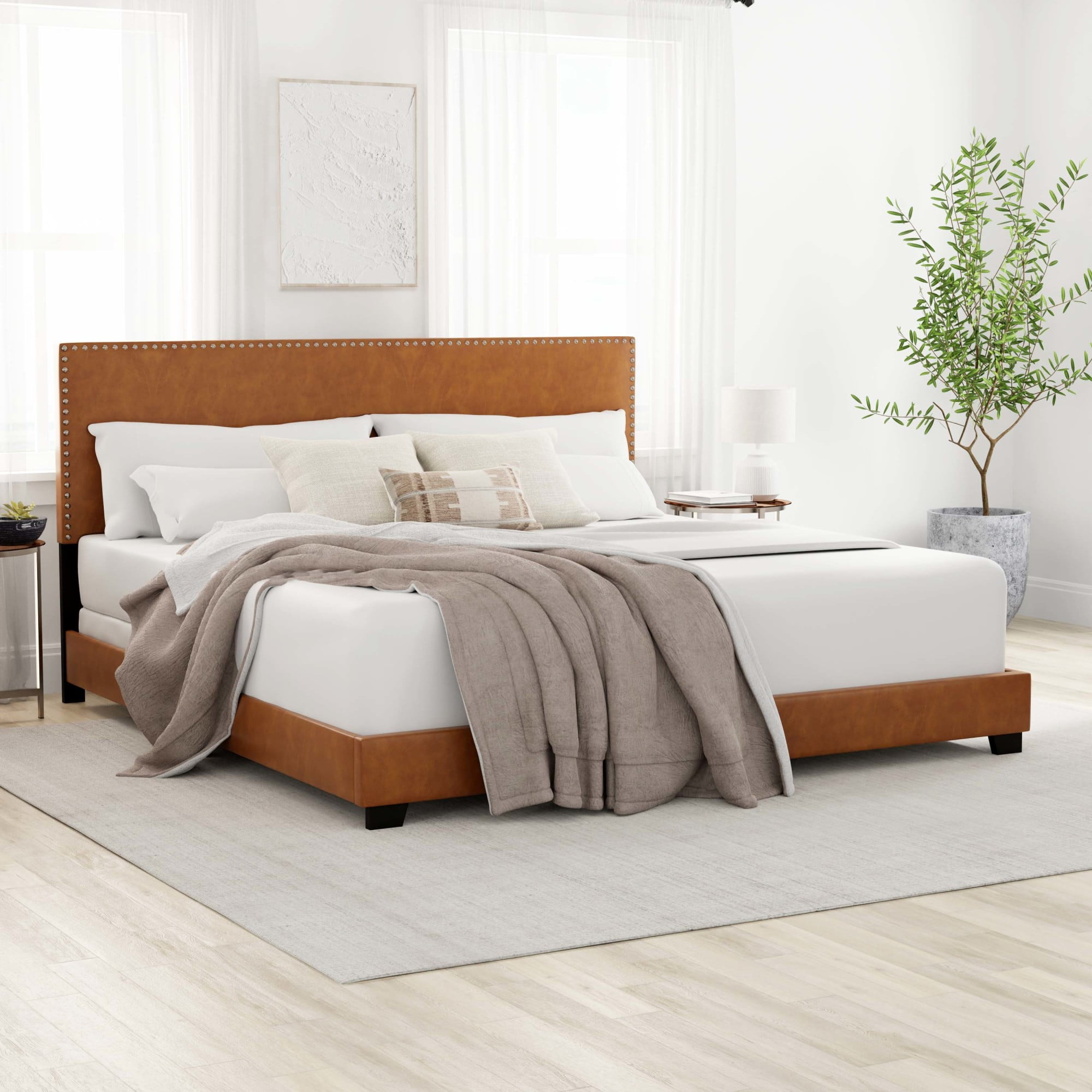 Willow Nailhead Trim Upholstered King Bed, Saddle Brown Faux Leather