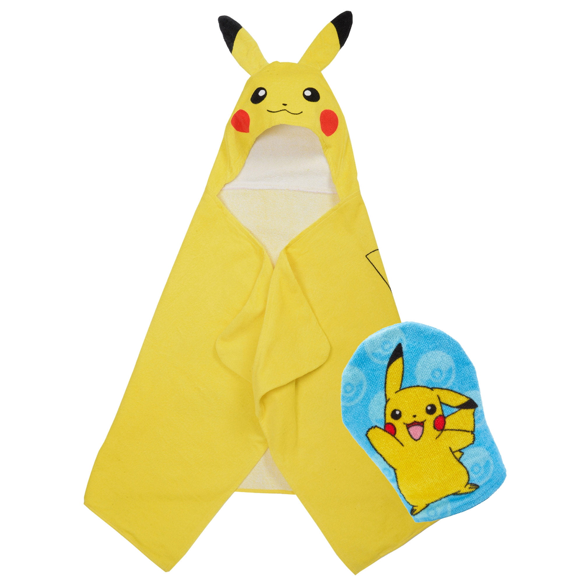 Pokémon Kids Pikachu Hooded Towel and Wash Mitt, Cotton, Yellow