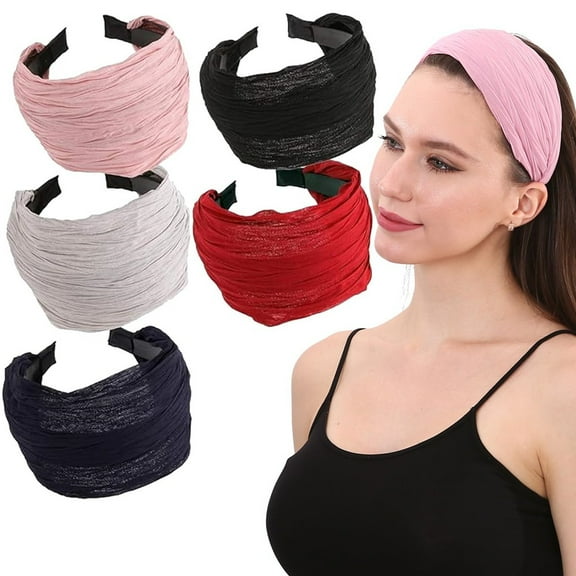 5 Pcs Wide Hard Headband with Teeth for Women, Girls’s Hair Band Pleated Cloth Fabric Hair Hoop Accessories Mixed Colors A