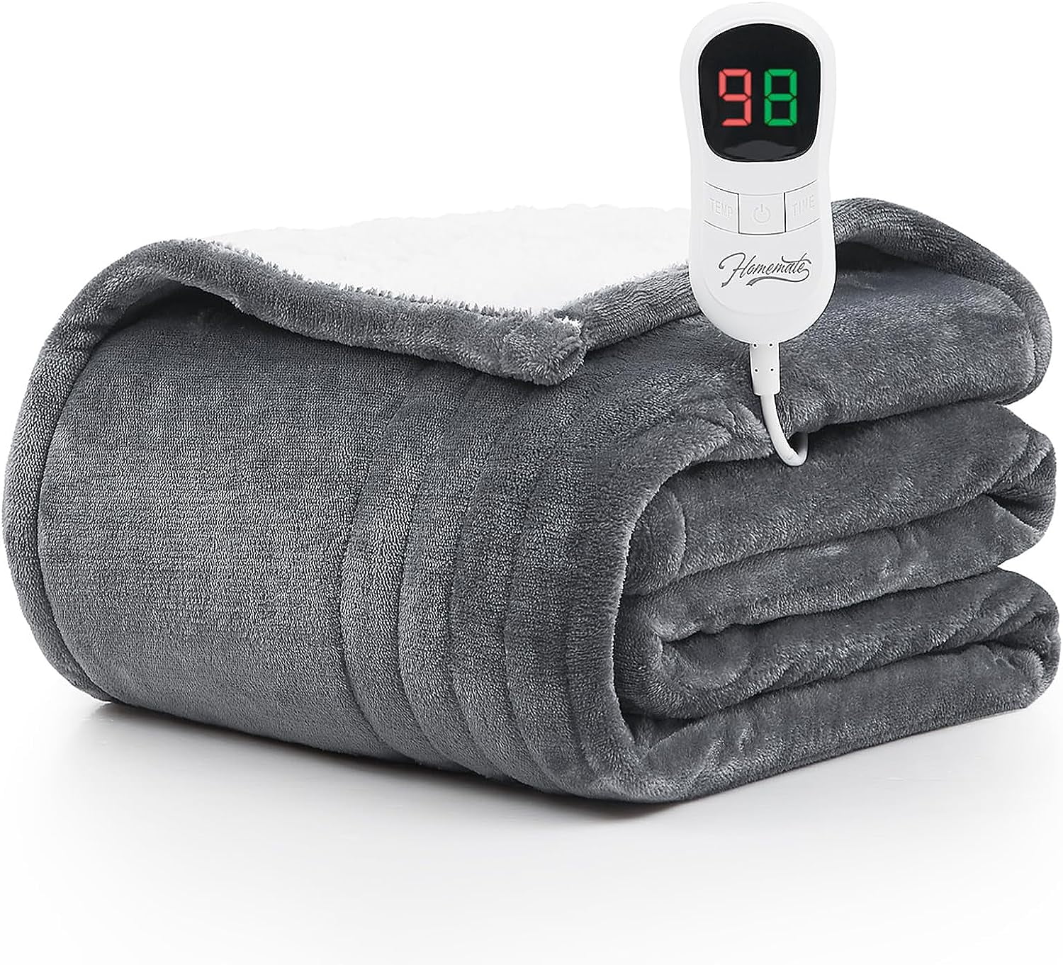 Homemate Electric Heated Blanket Throw , 50"x60" Heating Bed Blankets Throw with 10 Heating Levels 8 Hours Auto Off Fast Heating Over-Heated Protection Ultra Soft Warm Flannel ETL Certified, Grey