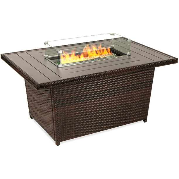 Best Choice Products 52in Wicker Propane Gas Fire Pit Table 50 000 Btu W Glass Wind Guard Tank Holder Cover Brown Walmart Com