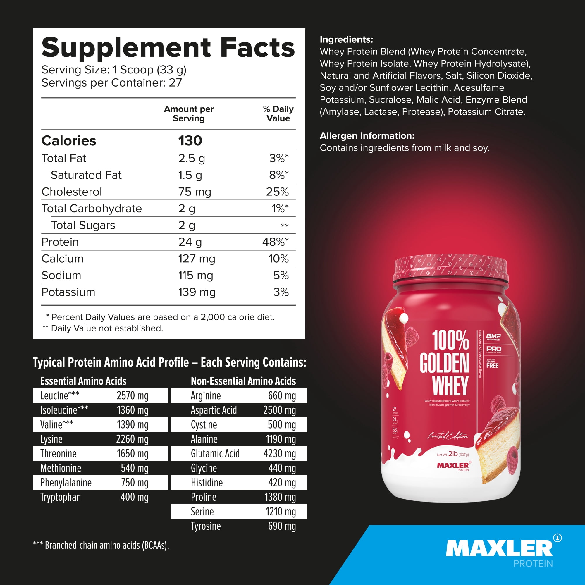 Maxler 100% Golden Whey Protein Powder - Raspberry Cheesecake 2 lb