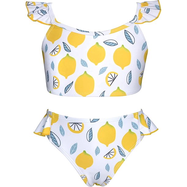 Niña Bikini Volante Piña Impresión Linda Dos Piezas Traje De Baño Conjunto Limón blanco 10 Años Limón blanco 10 Años Xishao ropa