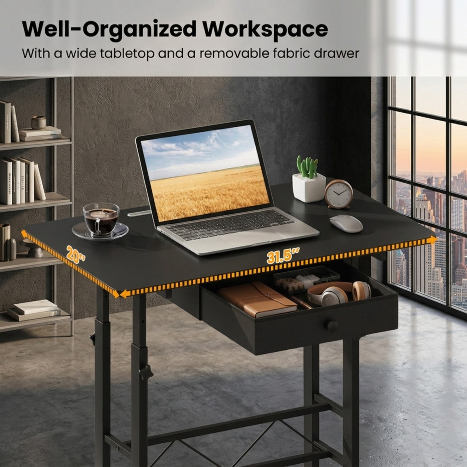 Furnibear Height Adjustable Standing Laptop Desk with Fabric Drawer Tablet Holder Lockable Wheels and Sit Stand Design for Home Office, Black