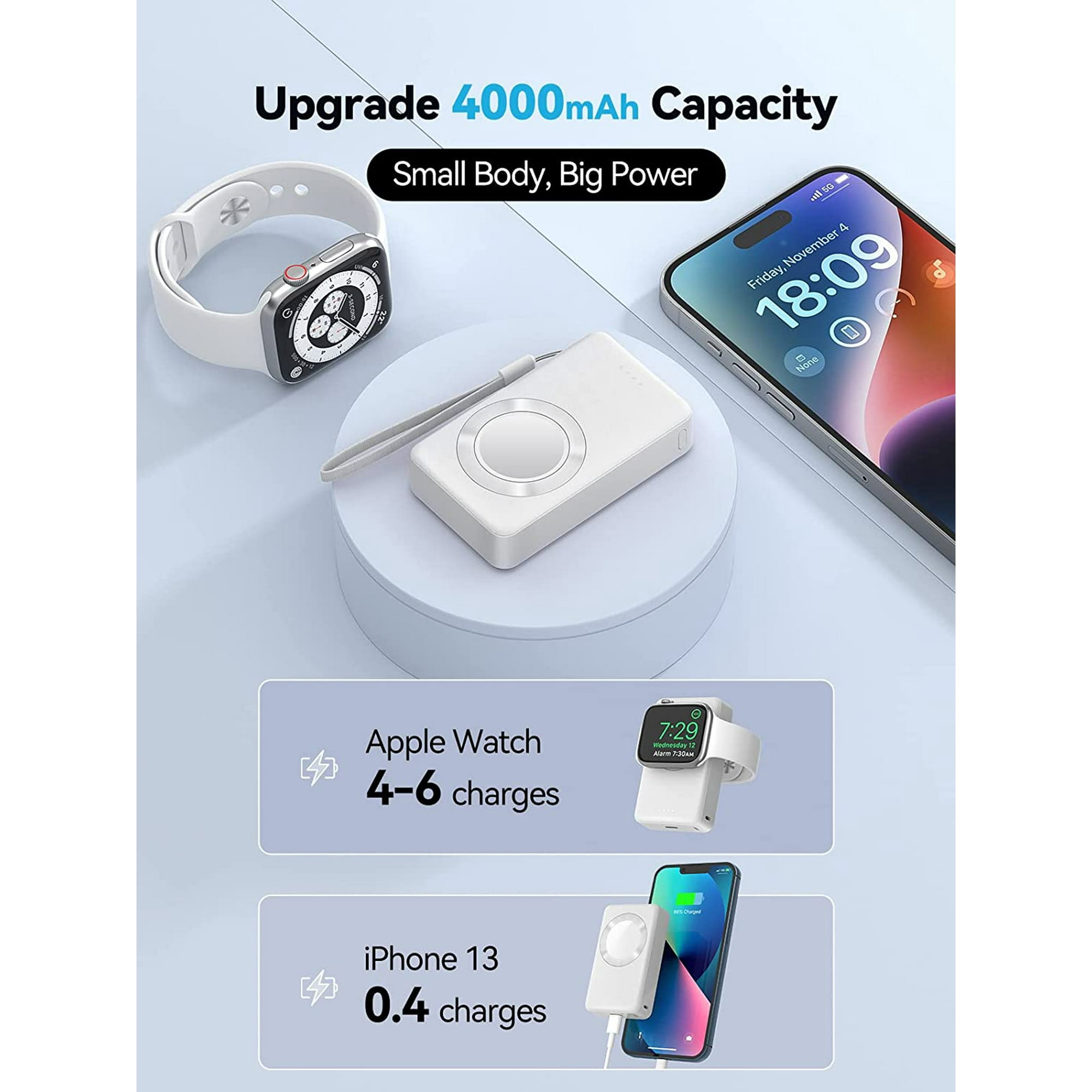 L Portable Charger for Apple Watch 4000mAh iWatch Charger Power Bank Battery Pack Magnetic Travel Smart Watch Charger for Apple Watch Series 8 7 6 5 4 3 2 1 SE Ultra White Walmart
