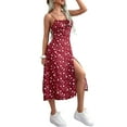 thumbnail image 3 of Lnzyyephy Women Summer Floral Dress, Flower Print Spaghetti Strap Sleeveless One-Piece with High Slit for Ladies, Red/Green/Blue, 3 of 7