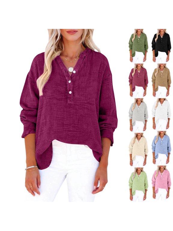 Womens Casual Gauze Button Neck Long Sleeve Oversized Blouses Tops, Lightweight Loose V Neck Pullover Shirts ,3XL,#02 Wine