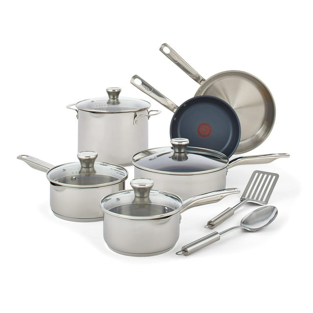 T-fal Platinum Juego de utensilios de cocina de acero inoxidable con antiadherente, 12 piezas, apto para horno de inducción, ollas y sartenes de 500 F, apto para lavavajillas, plateado