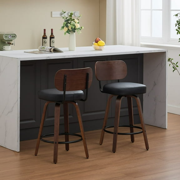 Swivel Bar Stools Set of 2, 26" PU Leather Counter Stools with Walnut Back & Bentwood Legs, Mid Century Modern Kitchen Island Chairs, Black