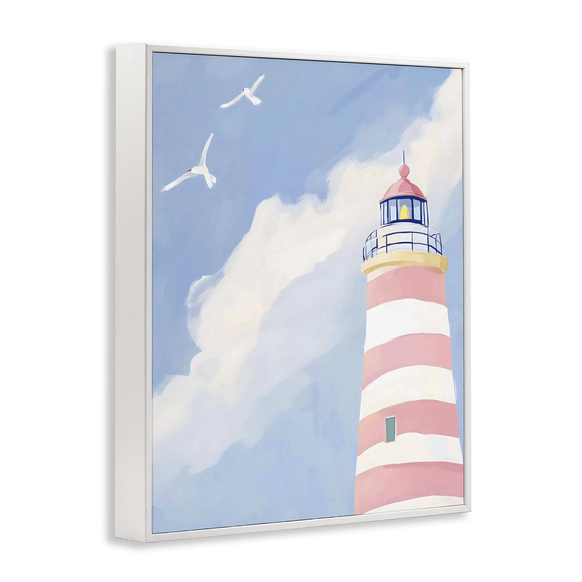 Stupell Industries Striped Lighthouse with Seagulls White Framed Giclee Art, design by The Prints Vibe