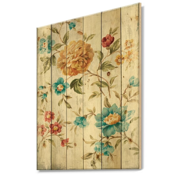 Designart 'Retro Golden Flowers' Cabin & Lodge Print on Natural Pine Wood