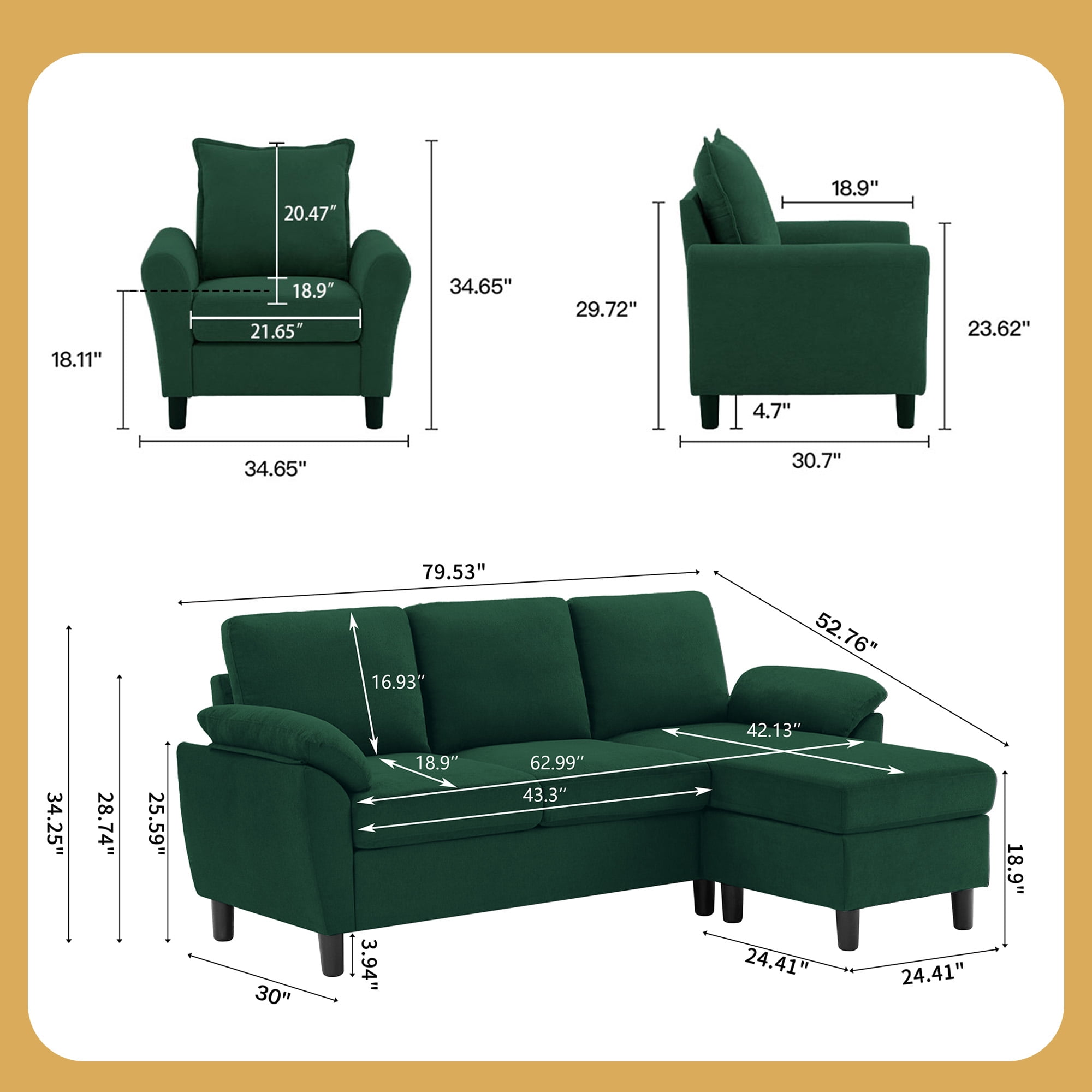 Pingliang Home Sofa Set of 79.5" Convertible Sectional Sofa & Accent Chair, L-shaped 3 Seat Couch with Reversible Ottoman, Modern Linen Sofa Couch for Living Room,Office,Apartment