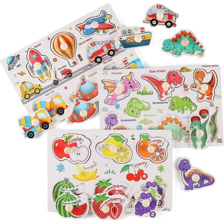 Wooden Peg Puzzles for Toddlers 1-3,Dinosaur Puzzle for Kids, Montessori Toys for 1-3+ Years Girl Boy,