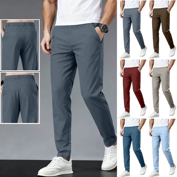 Men Elastic Waist Chino Pants, Slim Tapered Ankle Casual Trousers, Lightweight Wrinkle‑Resistant Stretch Dress Pants with Pockets