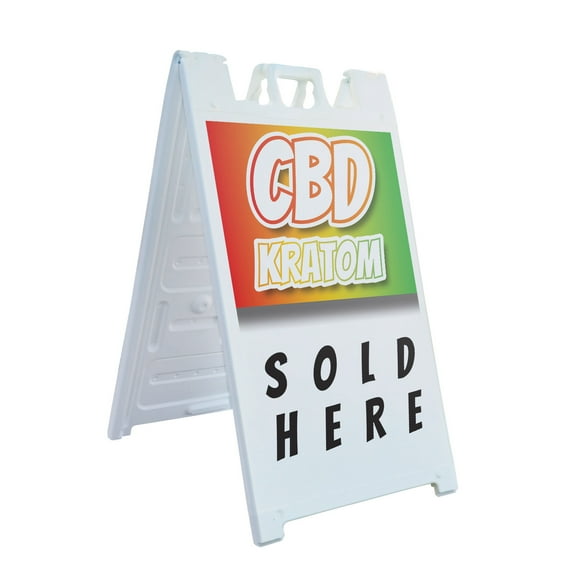 CBD Kratom Sold Here 24" x 36" Double Sided A-Frame Sidewalk Sign Includes 2 Installed Decal Foldable Portable White Signicade Sandwich Board Herbal Remedies Stress Relief Natural