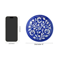 NATRIEL Handcrafts Rare Crafts of India Handpainted Decorative Ceramic Plates, Blue Pottery Clay, Traditional Floral Design, 6 Inch (Dark Blue - Leaf, 6")