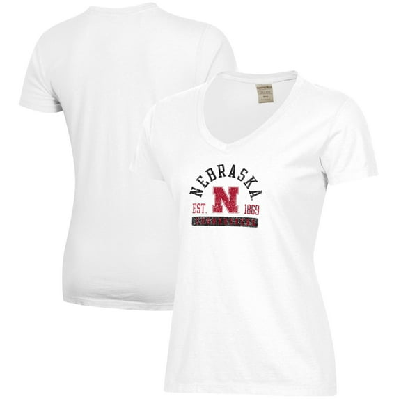 Women's  White Nebraska Huskers Arch Logo Comfort Wash V-Neck T-Shirt