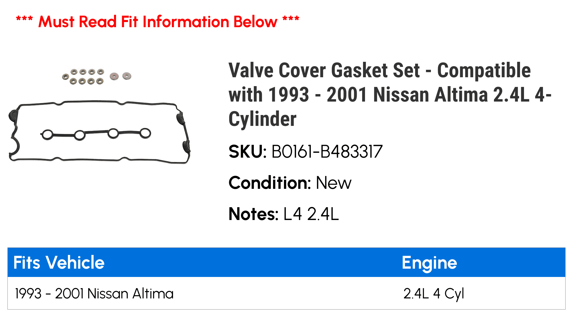 Valve Cover Gasket Set - Compatible with 1993 - 2001 Nissan Altima 2.4L 4-Cylinder 1994 1995 1996 1997 1998 1999 2000