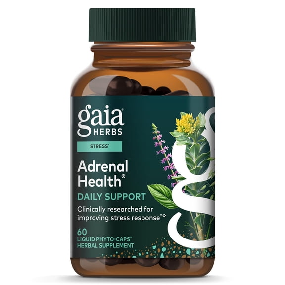 Gaia Herbs Adrenal Health Daily Support - Herbal Supplement with Ashwagandha, Holy Basil & Schisandra - Help Maintain Healthy Energy & Stress Levels* - 60 Vegan Liquid Phyto-Caps (30 Servings)