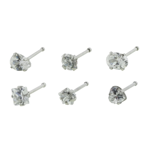 Hot Silver Body Art Jewelry 16G Cubic Zirconia Nose Stud, 6Pack