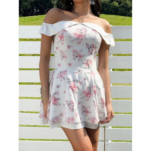 OYYN Women's Summer Vacation Floral Mini Dresses Plus Size Casual Off Shoulder Ruffle Trim Dresses Sundresses