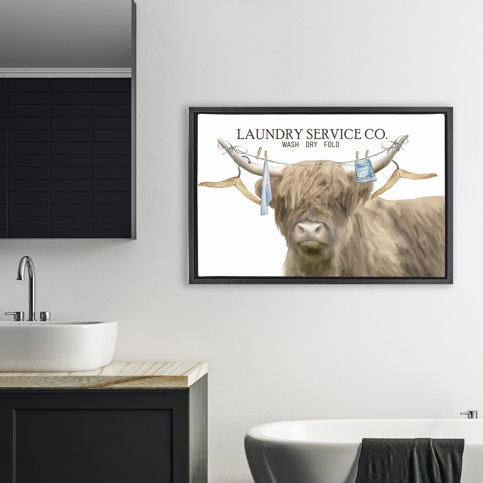 Laundry Service Cattle Black Framed Floater Canvas Wall Art, design by Kim Allen