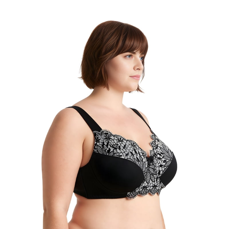 Curve Muse Plus Size Unlined Minimizer Wirefree Bras with Embroidery Lace-3Pack-PINK,BLACK,GRAY-34C