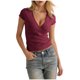 thumbnail image 2 of Tops de Manga Corta de las Mujeres de Color Sólido Cuello Redondo Set de Manga Corta Blusas de Cuello en V, 2 of 6