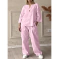 thumbnail image 4 of Womens Cotton Linen 2 Piece Sets V Neck Button Down Long Sleeve Shirt Wide Leg Trouser Sets with Pockets Pink M, 4 of 5