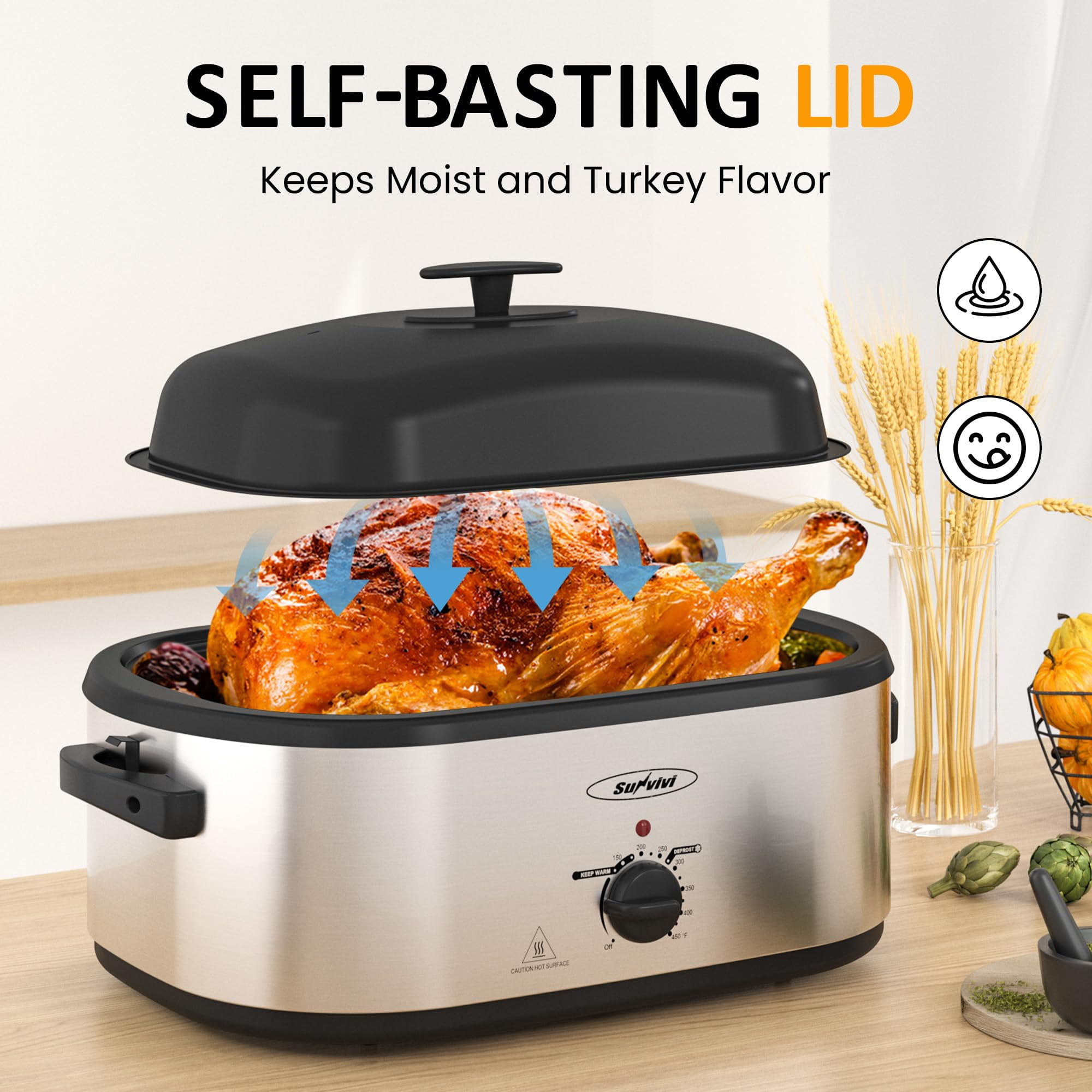 Superjoe Electric Roaster Oven, 20 QT Roaster with 3 Compartments and Self-Basting Lid, Turkey Roaster Oven with 150-450Â°F Full-Range Temperature Control, Removable Pan & Rack Steel, Silver