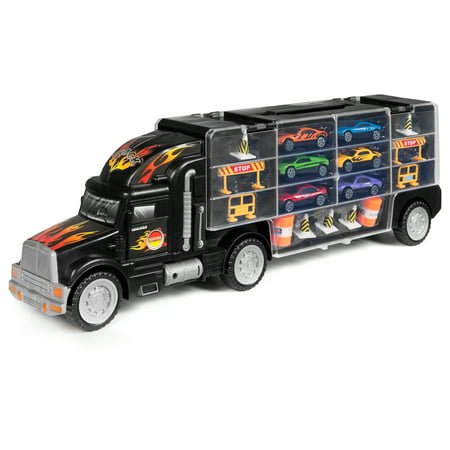Best Choice Products Kids 29-Piece 2-Sided Transport Truck Toy with 18 Cars, 28 Slots, (Best Test Track Car)