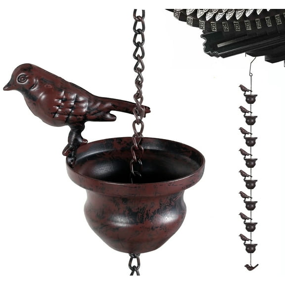 Rain Chain Set, 8.5ft Copper Plated Rain Chains for Gutters with Adapter, Birds Rain Chain Cups to Replace Gutter Downspout, Divert Water and Home Display, 8 Cups, Adjustable