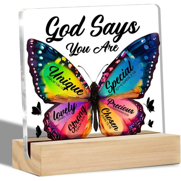 Inspirational Christian Gift for Women Daughter Sister Friends, Religious Gifts Butterfly Clear Desk Sign God Says You Are Acrylic Sign Keepsake 4x4 Inch