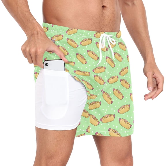 joogoo Men's Hot Dogs Swim Trunks with Liner Pocket Beach Shorts L