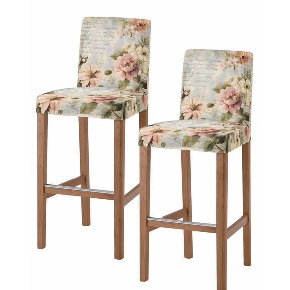 Farmhouse Pink Floral Bar Stool Covers Set of 2, Spring Vintage Botanical Flowers Stretch Washable Bar Chair Covers with Backs, Removable Pub Counter Height Chair Cover for Kitchen Dining Room Cafe