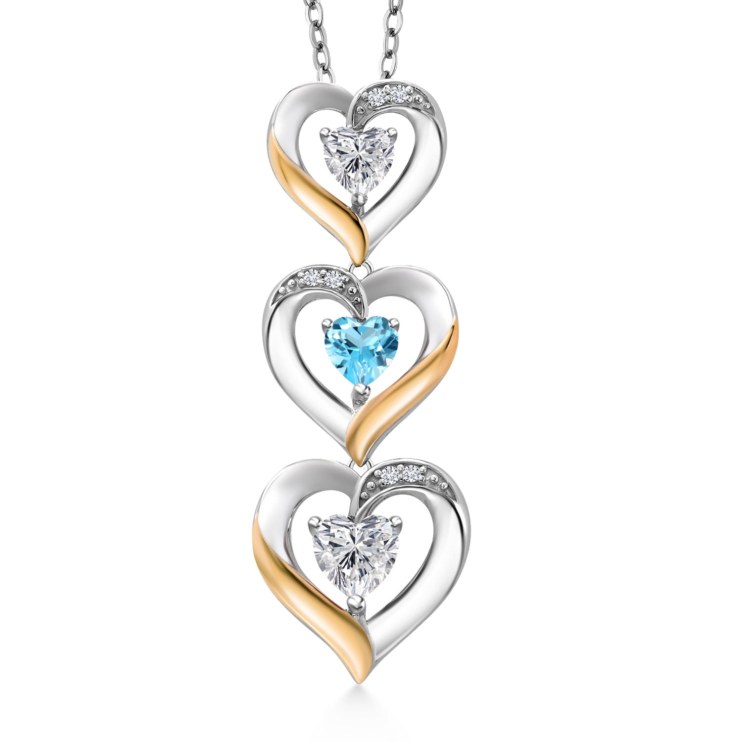 Gem Stone King 925 Silver and 10K Yellow Gold Lab Grown Diamond and Swiss Blue Topaz Pendant Necklace for Women | 1.00 Cttw | Gemstone April Birthstone | Heart Shape 5MM | With 18 inch Silver Chain