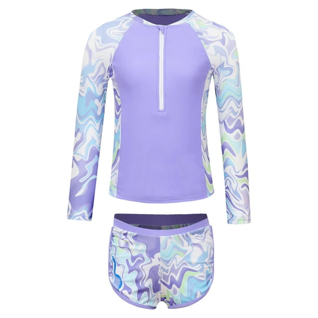 Moggemol Littl E Big Girls Floral 2 Pcs Rash Guard Sets Zip Neck Swim Shirts With Shorts Swimsuits Lavender 8Y