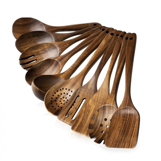 Cucharas de madera para cocinar, juego de 10 utensilios de cocina de madera de teca natural, espátulas de madera para cocinar (10)