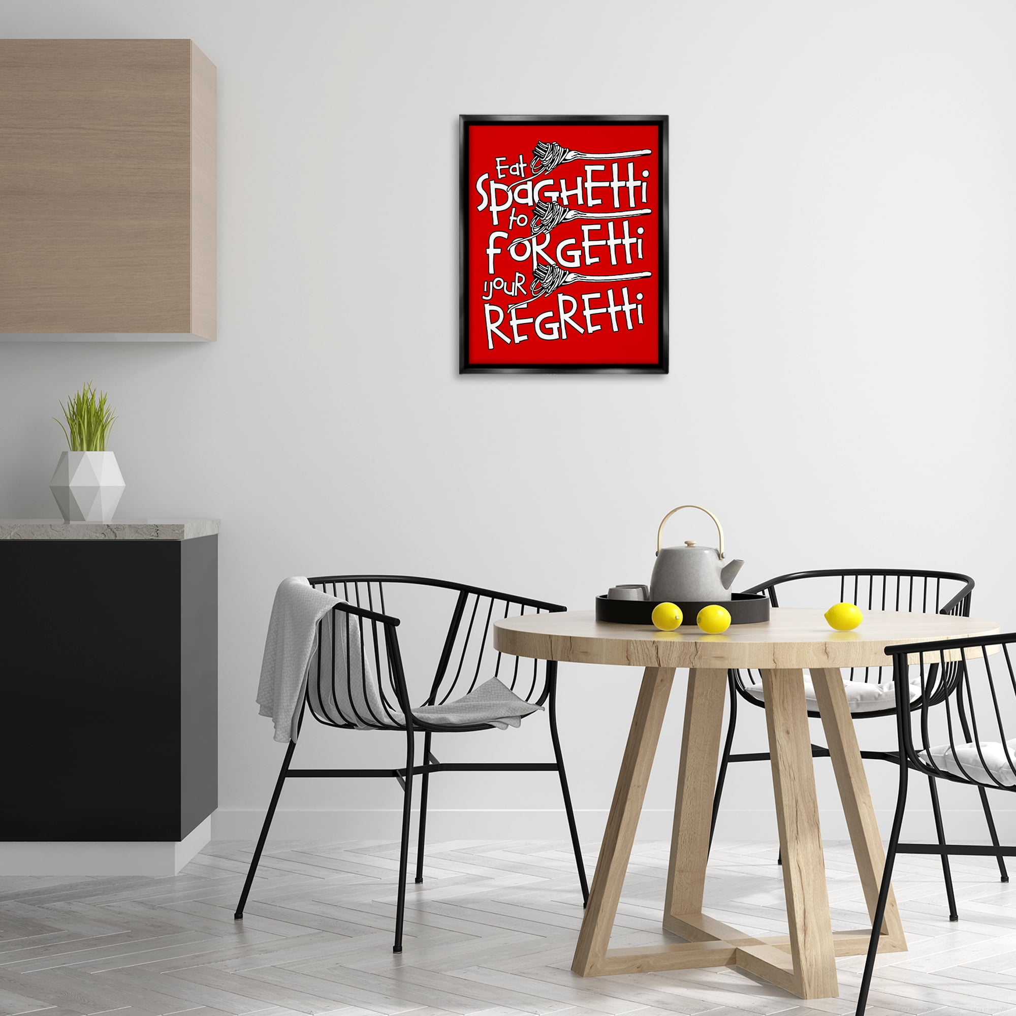 Stupell Industries Funny Eat Spaghetti Phrase Food & Beverage Painting Black Floater Framed Canvas Art Print Wall Art, 17 x 21