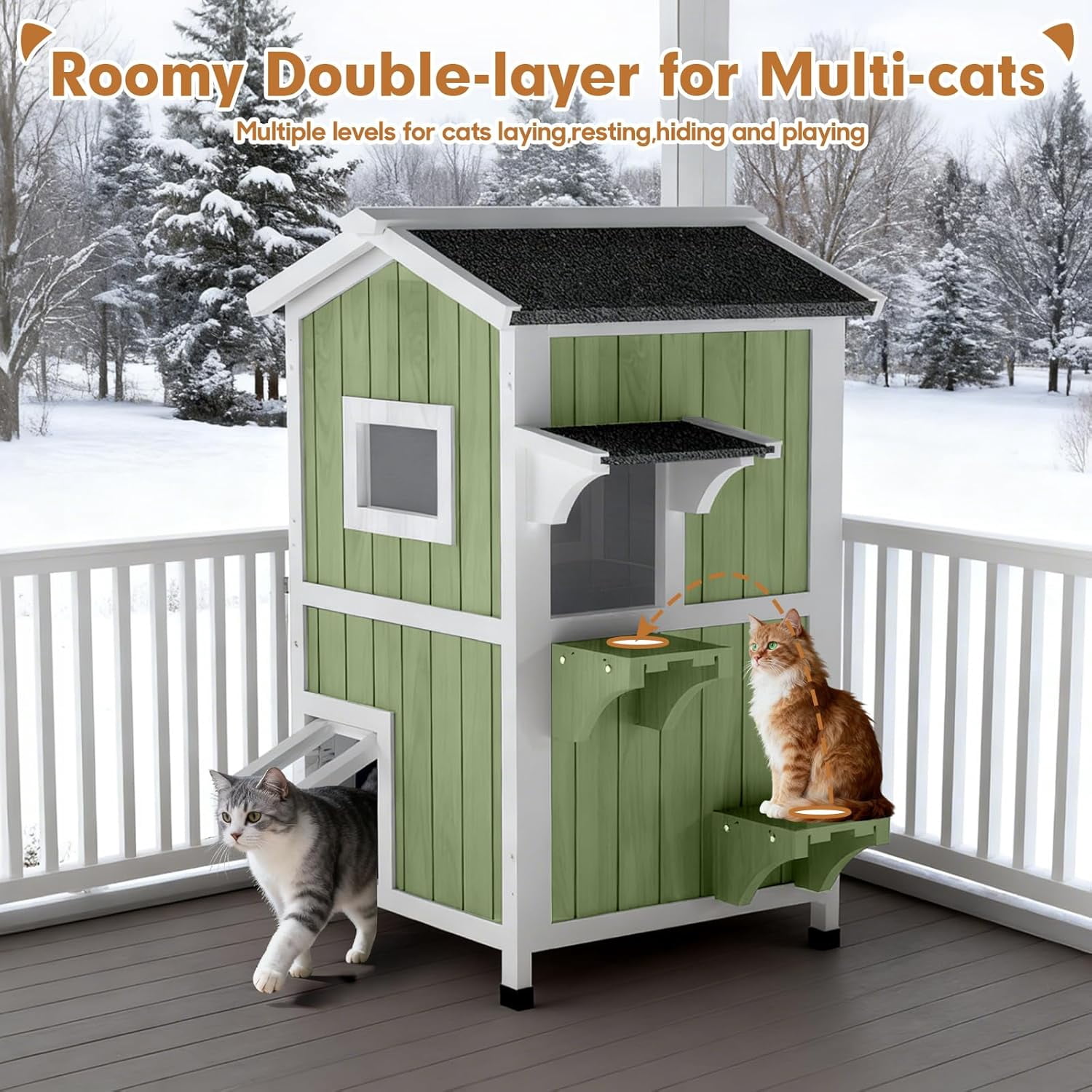 Gowoodhut 2 Story Insulated Outdoor Cat House with Insulated Liner Weatherproof Elevated Outside Cat Shelter,Green