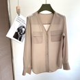 thumbnail image 3 of Camisa de oficina de alta calidad para mujer, otoño 2022, seda auténtica, 00%, cuello en V, bolsillos decorativos, camisas de manga larga, 3 of 5