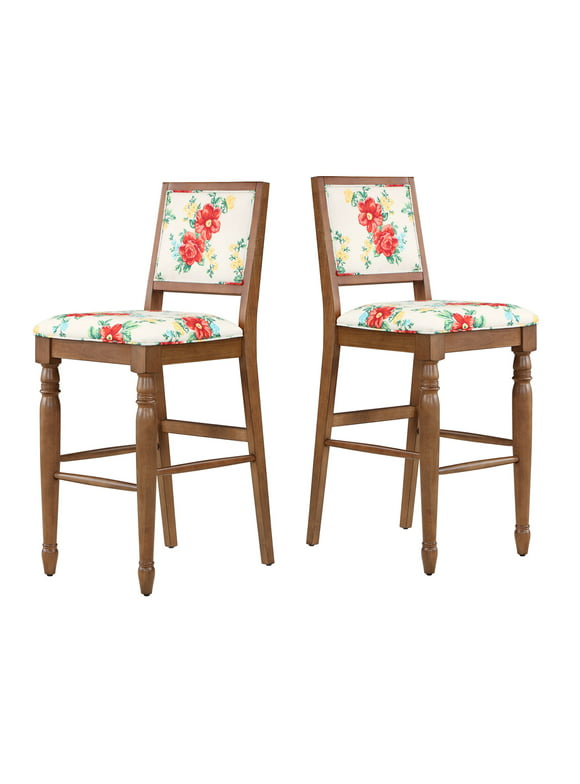 The Pioneer Woman Vintage Floral Bar Stools Made With Solid Wood Frame, Set of 2