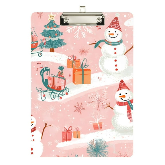 FORMRS Acrylic Clipboard with Low Profile Clip Standard A4 Letter Size, 12.5" x 9", Pink Christmas Snowman