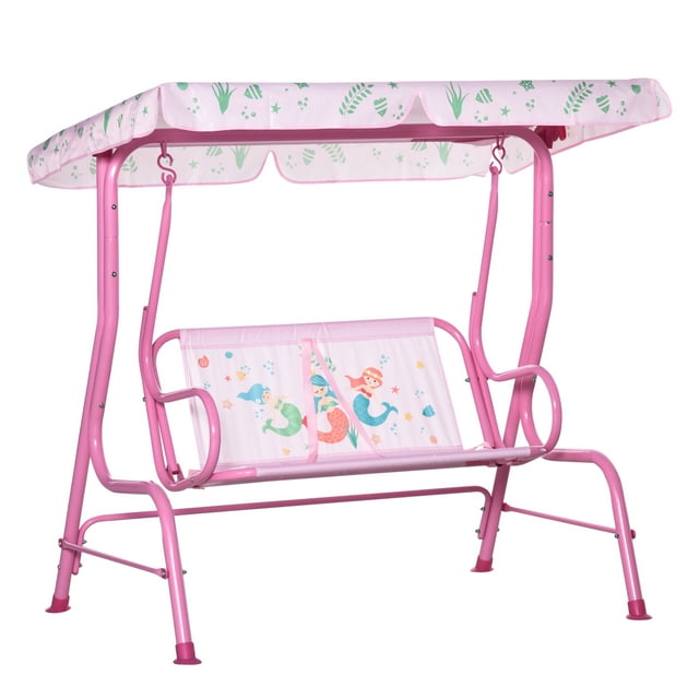Outsunny Chaise Balançoire pour Enfants à 2 Places pour l'Extérieur avec Auvent Ajustable, Rose. Conçue pour les Enfants de 3 à 6 Ans, Cette Balançoire Présente un Cadre en Tuyau Métallique Robuste avec des Pieds Antidérapants pour la Stabilité. l'Auvent en Tissu polyester Rose Est Ajustable et Décoré d'Un Motif de Sirène Ludique, Ajoutant du Charme au Mobilier d'Extérieur pour Enfants. la Conception à Deux Places Comprend des Ceintures de Sécurité pour la Détente dans la Cour. Dimensions : 43,25 Pouces de long, 29,25 Pouces de Large et 44,5 Pouces