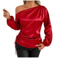 thumbnail image 3 of Aboser Womens Off Shoulder Shirts Trendy Silky Satin Shirt Ruched Long Sleeve Blouses Dressy Casual Party Club Blouse Loose Fits Semi Formal Tops Red L, 3 of 6