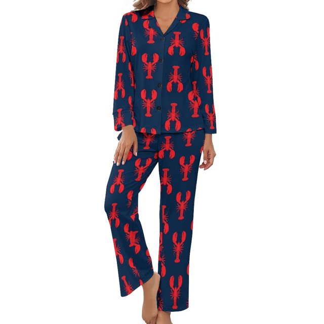 Ensembles de Pyjama pour Femmes Imprimé Homards Pyjamas Mode Rose et Bleu Vêtements de Nuit Printemps Manches Longues 2 Pcs Décontracté