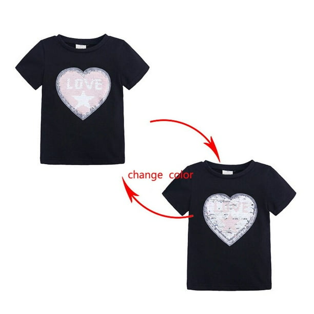 Ropa de verano para bebés, camisetas para niñas y niños, 1 Uds., gráfico de cambio de lentejuelas mágicas, camiseta informal de algodón Reversible a la moda, camisetas para niños Tee7 Gao Jinjia LED