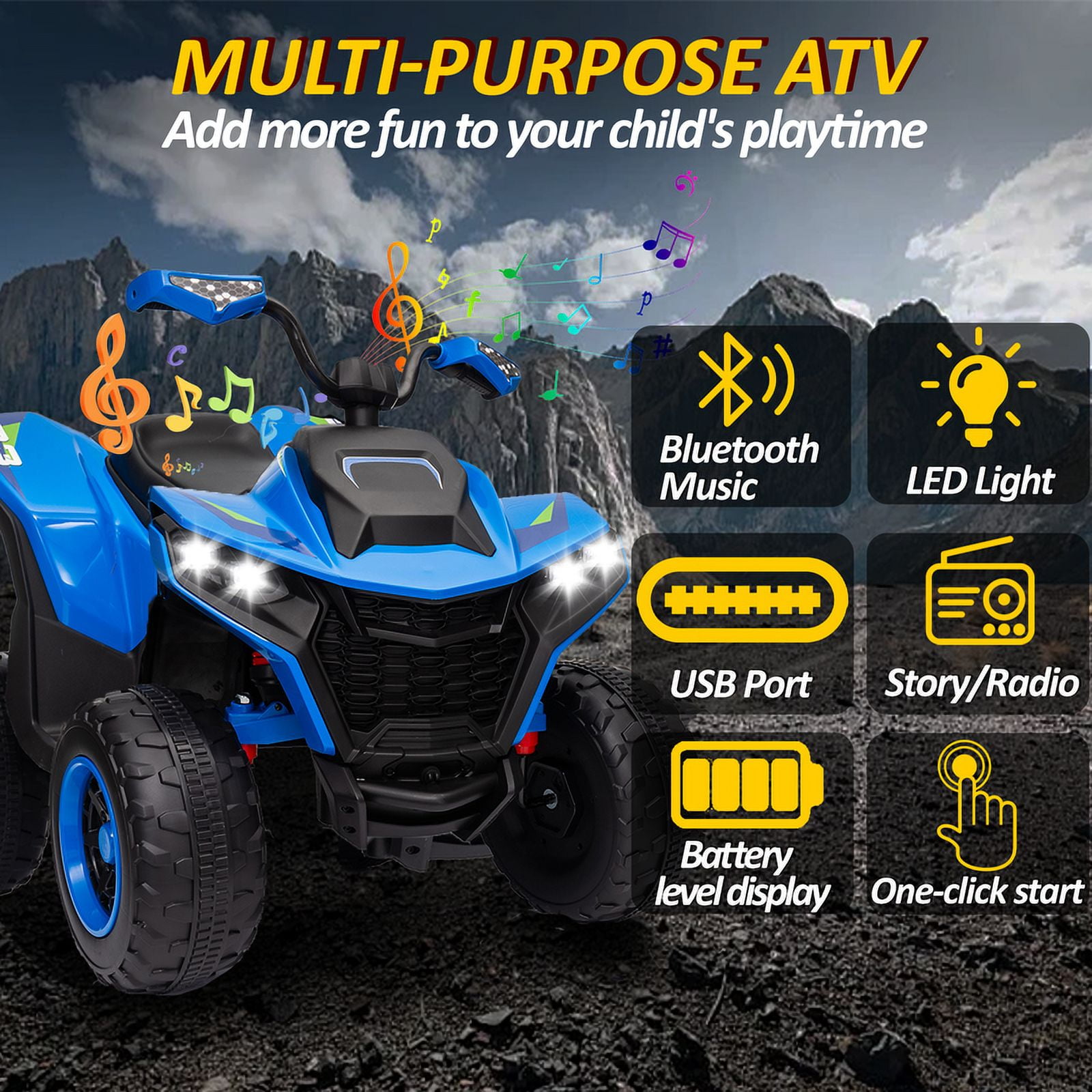 Kids ATV 4 Wheeler, 24V 2 Seater Electric ATV Quad w/4WD Motor, Protective Gear Set, Bluetooth, LED Lights, Spring Suspension, Battery Powered Ride on Toys for Big Kids, Boys, Girls, Christmas, Blue